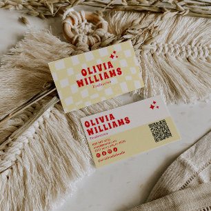 Retro Yellow Bold Groovy Chequered Funky QR Code Business Card