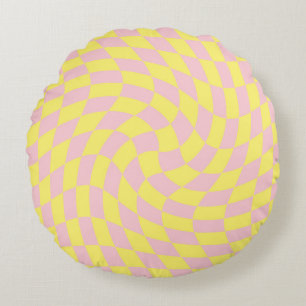 Retro Yellow Checks Warped Chequered Dorm Room Round Cushion