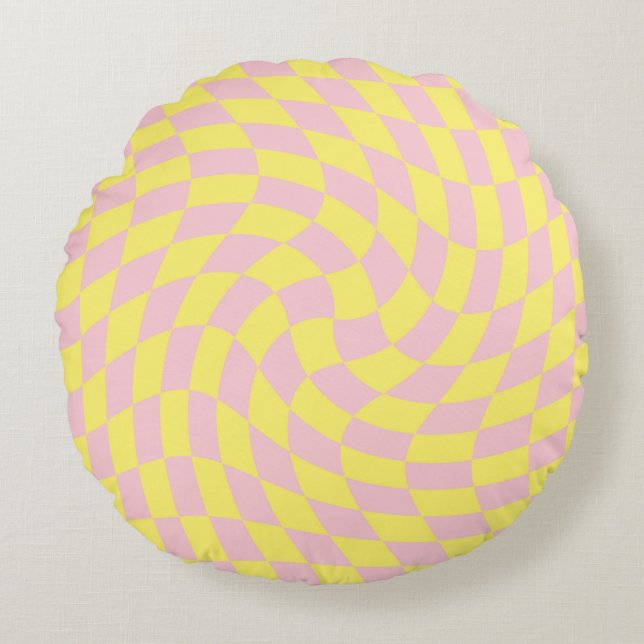 Retro Yellow Checks Warped Chequered Dorm Room  Round Cushion (Front)