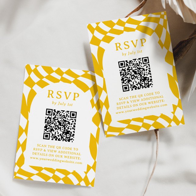 Retro Yellow Chequerboard QR Code Wedding RSVP Card (Creator Uploaded)