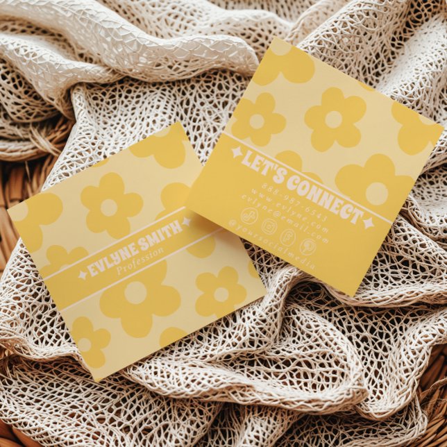Retro Yellow Cream Groovy Floral Trendy Fun Boho Square Business Card (Creator Uploaded)
