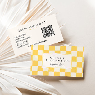 Retro yellow Cream Wavy Chequered Pastel QR Code Business Card