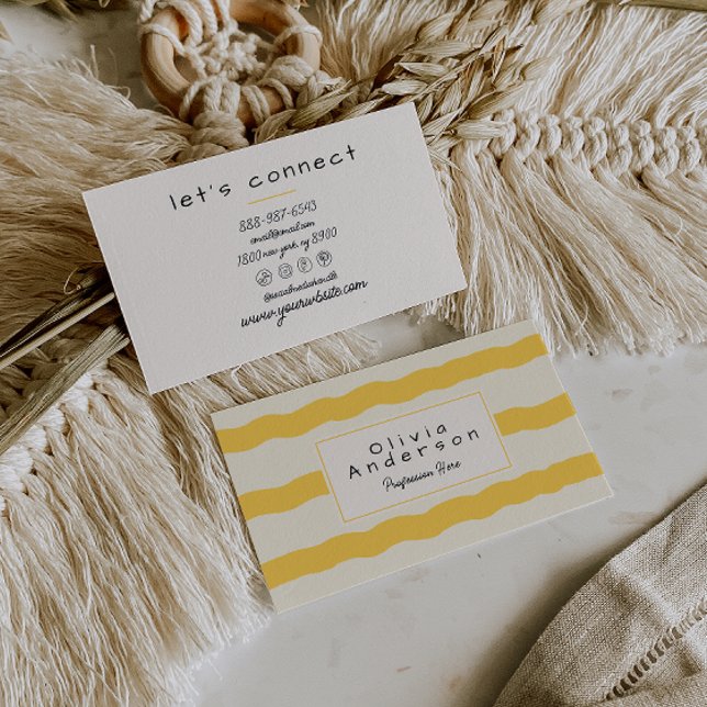Retro Yellow Cream Wavy Stripes Trendy Boho  Business Card (Creator Uploaded)