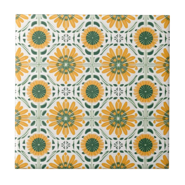 Retro Yellow Daisy Flower Green pattern Ceramic Tile (Front)