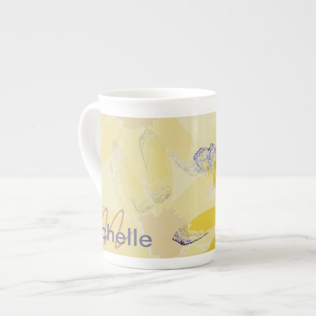 Retro Yellow Daisy Monogrammed Bone China Mug (Front Left)