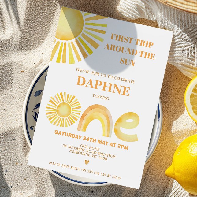 Retro Yellow First Trip Around The Sun Birthday Invitation (First Trip Around The Sun 1st Birthday Invitation Template Gender Neutral, Sun First Birthday Invite)