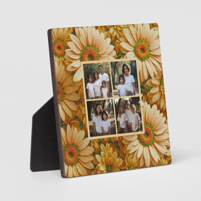 Retro yellow floral daisy 4 photo template plaque (Front)