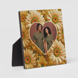 Retro Yellow floral daisy heart photo template Plaque