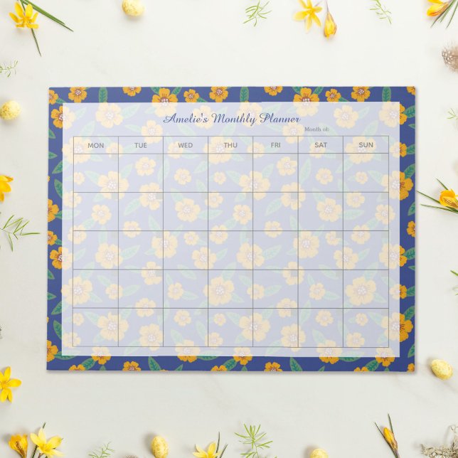 Retro Yellow Flowers Navy Monthly Planner Name Notepad (Creator Uploaded)