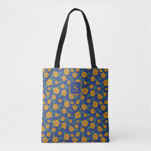 Retro Yellow Flowers Pattern Monogram Navy Tote Bag