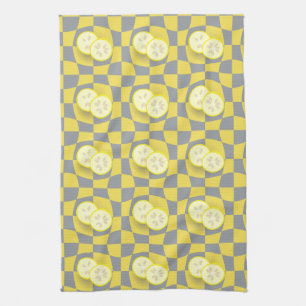 Retro Yellow Grey Lemon Slices Fruit Pattern Tea Towel
