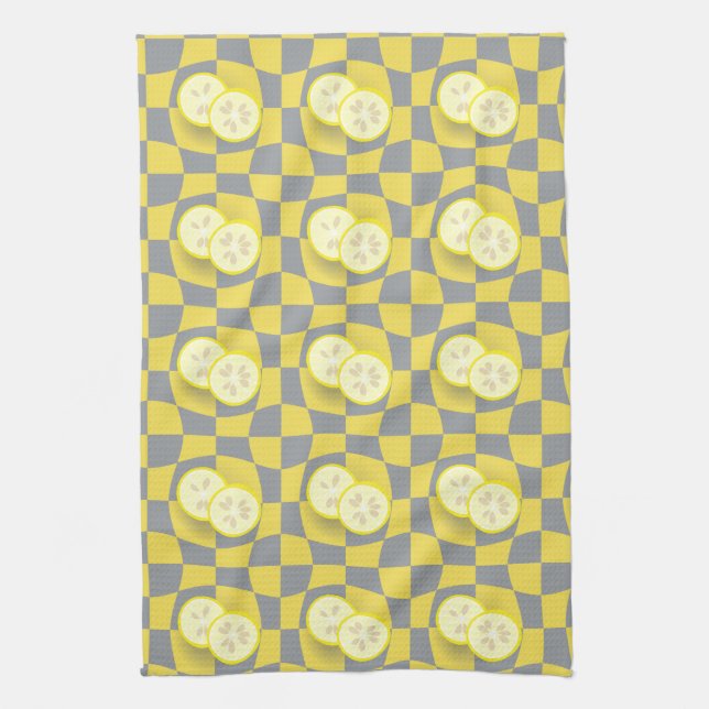 Retro Yellow Grey Lemon Slices Fruit Pattern Tea Towel (Vertical)