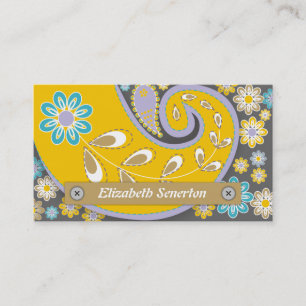 Retro yellow, grey paisley motif business card