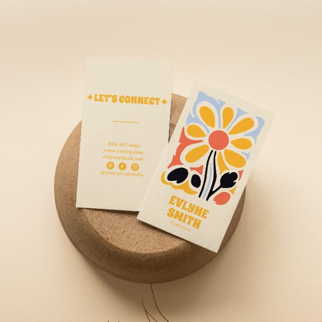 Retro Yellow Hand Drawn Groovy Floral Trendy  Business Card (Creator Uploaded)