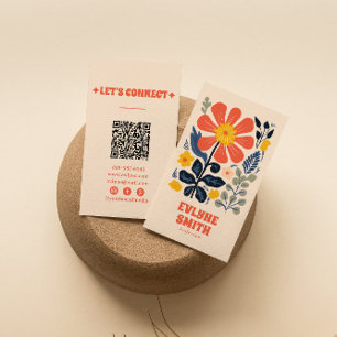 Retro Yellow Orange QR Code Groovy Floral Trendy Business Card