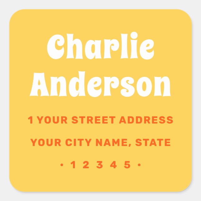 Retro yellow orange return address square sticker (Front)