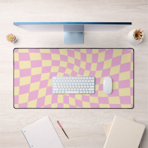 Retro Yellow Pink Checked Warped Chequered  Desk Mat