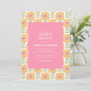 Retro Yellow Pink Folk Art Floral Bridal Shower Invitation