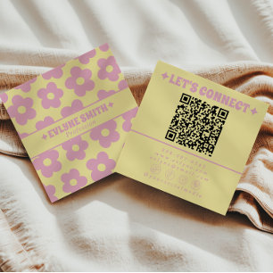 Retro Yellow Pink QR Code Groovy Floral Girly Boho Square Business Card
