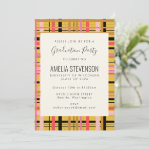 Retro Yellow Plaid Pattern Chic Graduation Party Invitation