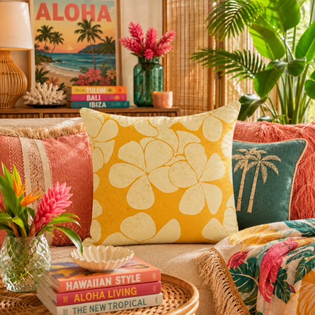 Retro Yellow Plumeria Flower Pattern Pillow (Creator Uploaded)