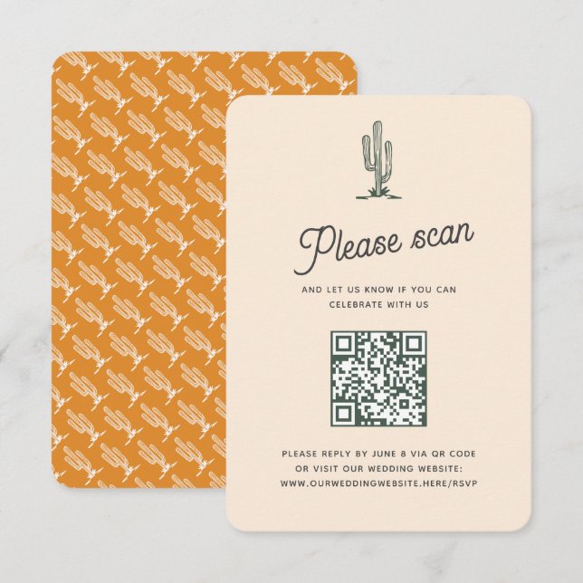 Retro Yellow Saguaro Cacti Desert Wedding QR Code RSVP Card (Front/Back)