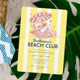 Retro Yellow Stripes Beach Club Birthday Party  Invitation