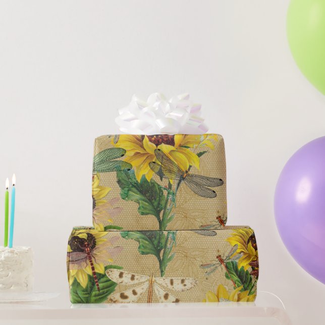  Retro Yellow Sunflower Dragonflies Insect Wrapping Paper (Party Gifts)