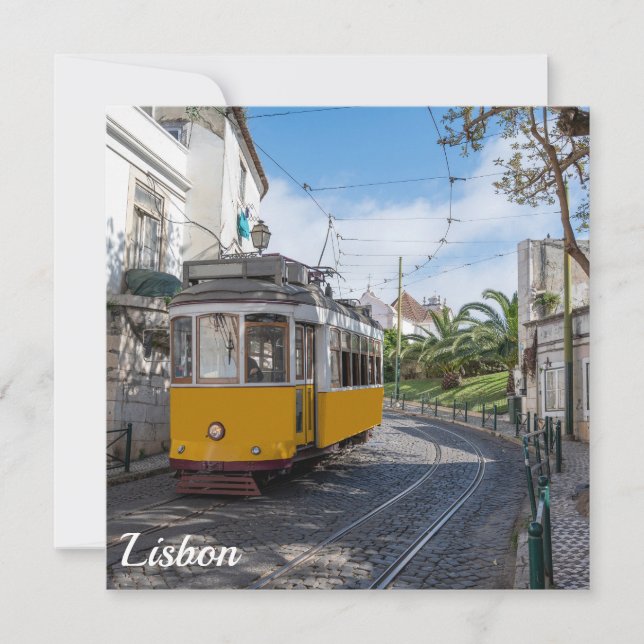 Retro yellow tram on street in Lisbon, Portugal (Front)