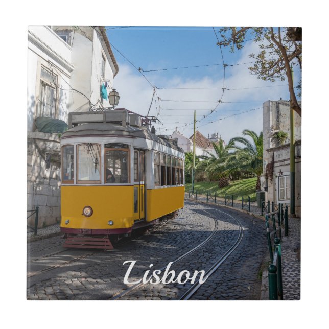 Retro yellow tram on street in Lisbon, Portugal Ceramic Tile (Front)