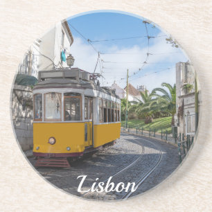 Retro yellow tram on street in Lisbon, Portugal Coaster