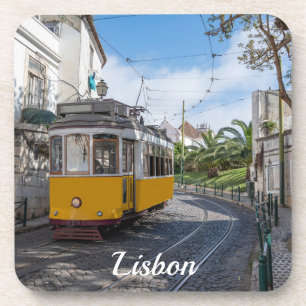Retro yellow tram on street in Lisbon, Portugal Coaster
