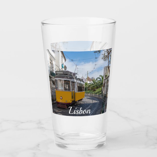 Retro yellow tram on street in Lisbon, Portugal Glass (Front)