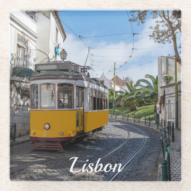 Retro yellow tram on street in Lisbon, Portugal Glass Coaster (Front)