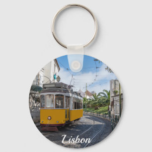Retro yellow tram on street in Lisbon, Portugal Key Ring