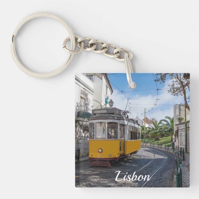 Retro yellow tram on street in Lisbon, Portugal Key Ring (Front)