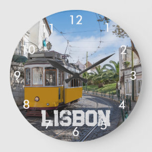 Retro yellow tram on street in Lisbon, Portugal Large Clock