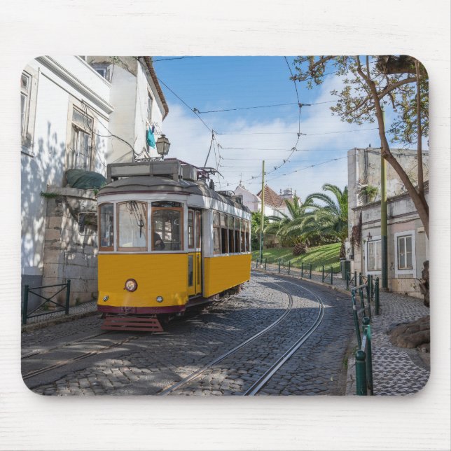 Retro yellow tram on street in Lisbon, Portugal Mouse Pad (Front)