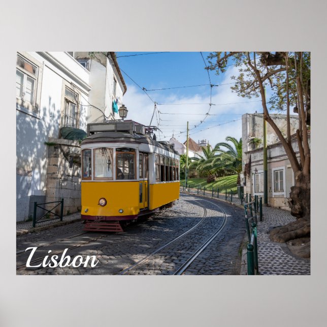Retro yellow tram on street in Lisbon, Portugal Poster (Front)