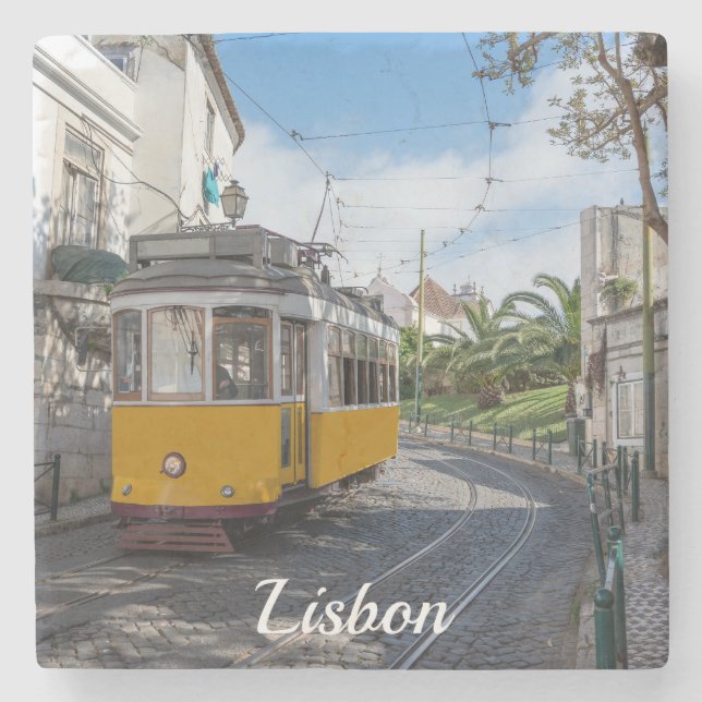 Retro yellow tram on street in Lisbon, Portugal Stone Coaster (Front)