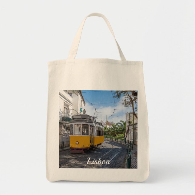 Retro yellow tram on street in Lisbon, Portugal Tote Bag (Front)