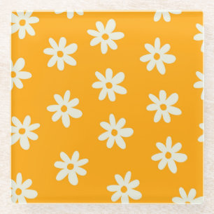Retro Yellow White Floral Simple Flower Pattern Glass Coaster