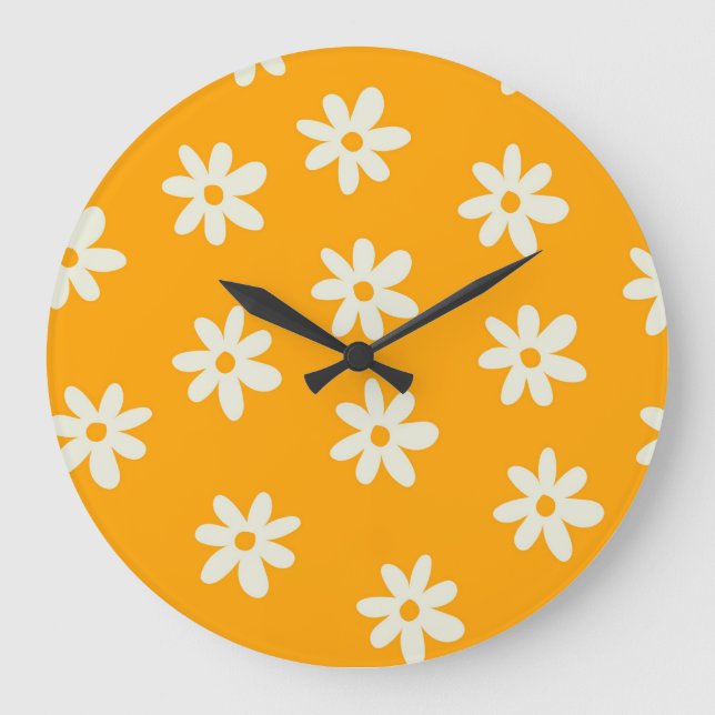 Retro Yellow White Floral Simple Flower Pattern Large Clock (Front)