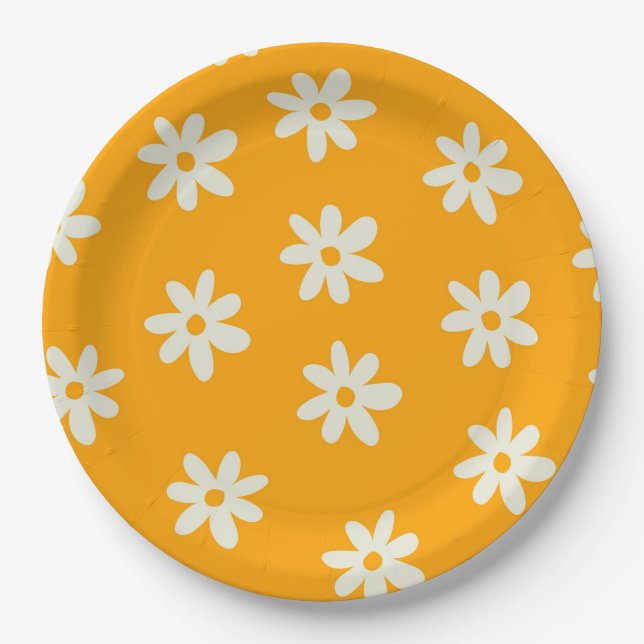 Retro Yellow White Floral Simple Flower Pattern Paper Plate (Front)