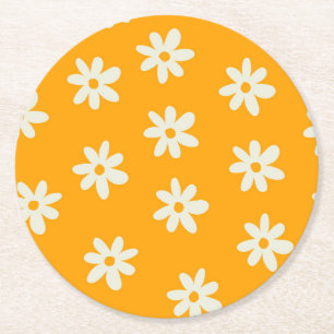 Retro Yellow White Floral Simple Flower Pattern Round Paper Coaster