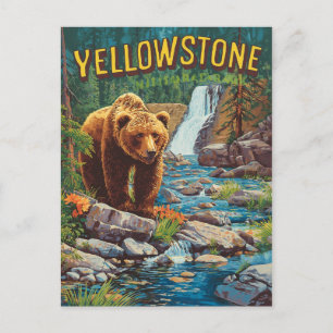 Retro Yellowstone – Grizzly Bear & Waterf Postcard