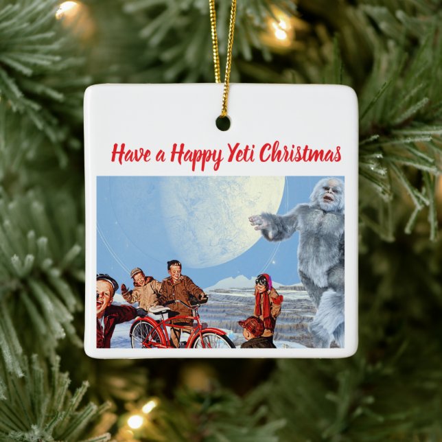 Retro Yeti Christmas Ornament, Personalized Family Ceramic Ornament (Tree)