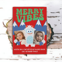 Retro Yeti Whimsical Two Kids Photo Christmas 