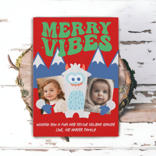 Retro Yeti Whimsical Two Kids Photo Christmas  Holiday Card