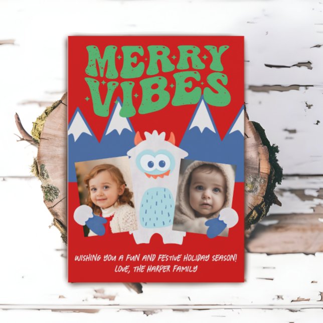 Retro Yeti Whimsical Two Kids Photo Christmas  Holiday Card (Creator Uploaded)